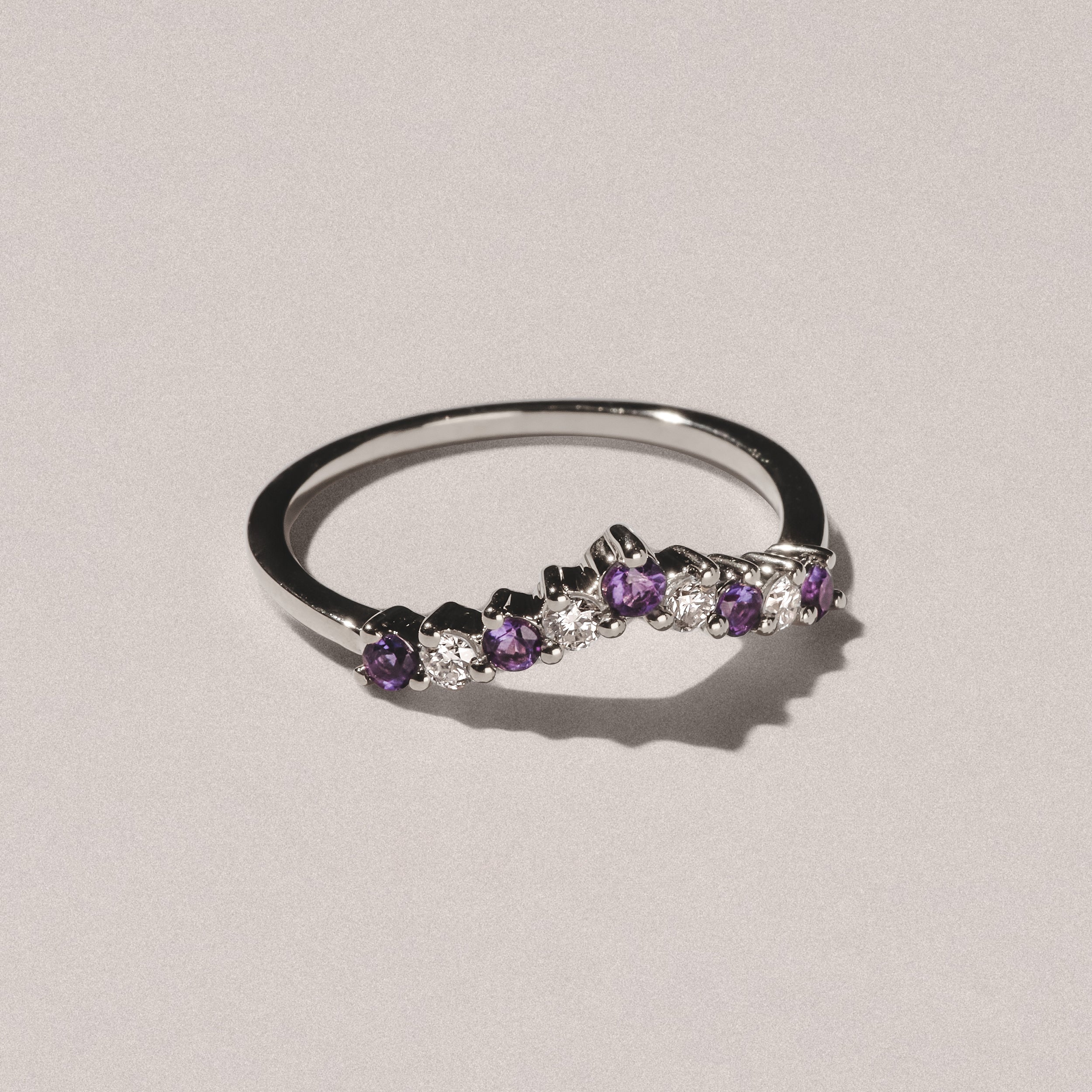 Amethyst and Lab Diamond Wishbone Ring in 9K White Gold